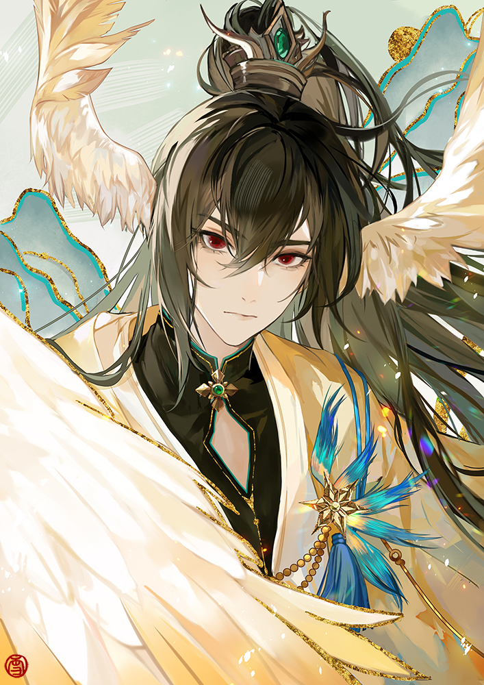 1boy ayn_alwyn black_hair black_shirt brooch chinese_clothes closed_mouth clothing_cutout feathered_wings feathers full_moon hair_between_eyes half_updo hanfu head_wings high_ponytail jewelry long_hair looking_at_viewer lovebrush_chronicles male_focus moon mountain red_eyes robe shirt solo tassel upper_body white_wings wings xiao_guan_(headdress) xuedaixun yellow_robe