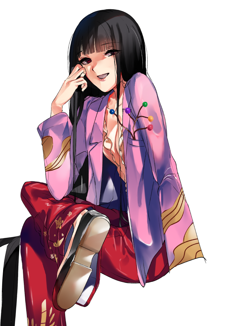 1girl asuzemu black_hair breasts cleavage crossed_legs houraisan_kaguya jacket long_hair looking_at_viewer pants pink_jacket red_eyes red_pants simple_background sitting small_breasts smile solo touhou very_long_hair white_background