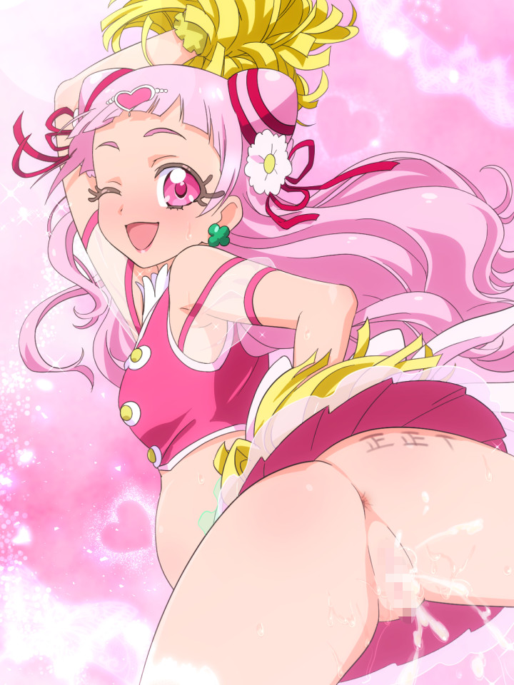 1girl ass cowboy_shot cum cum_in_pussy cure_yell hugtto!_precure long_hair looking_at_viewer miniskirt mushiro_(nijie728995) navel nijie no_panties one_eye_closed pink_eyes pink_hair pom_pom_(cheerleading) precure pregnant shirt skirt sleeveless sleeveless_shirt smile solo thigh_gap thighhighs white_thighhighs