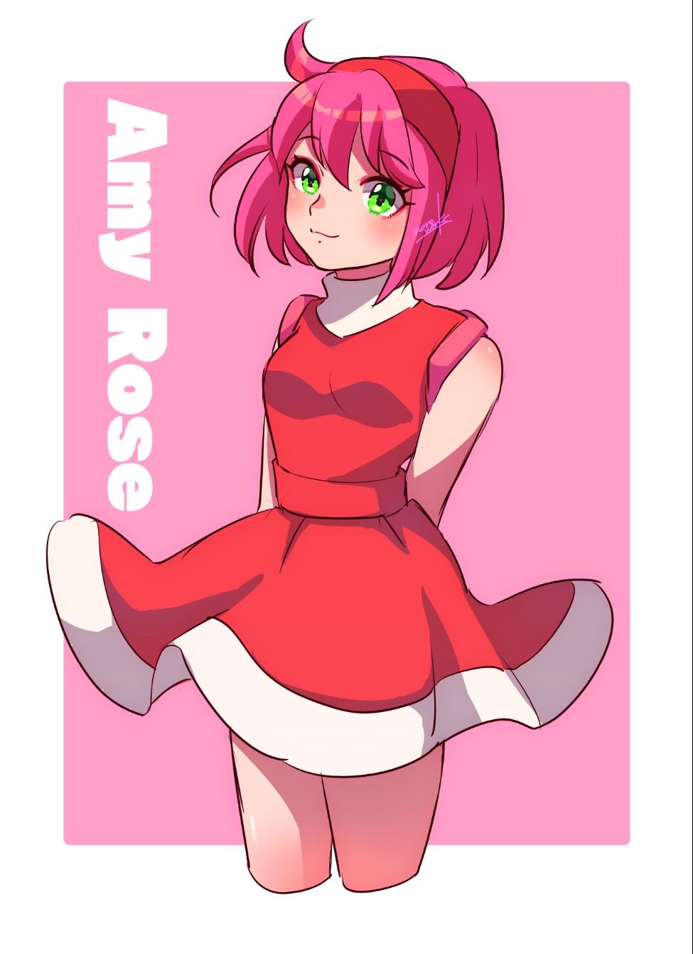 1girl :3 ahoge amy_rose arms_behind_back blush border breasts character_name cowboy_shot dress english_text green_eyes hair_between_eyes hairband highres humanization looking_ahead medium_bangs medium_breasts nonoworks pink_background pink_hair red_dress red_hairband shiny_skin short_dress short_hair signature simple_background sleeveless sleeveless_dress solo sonic_(series) standing swept_bangs thighs watermark white_border wind wind_lift