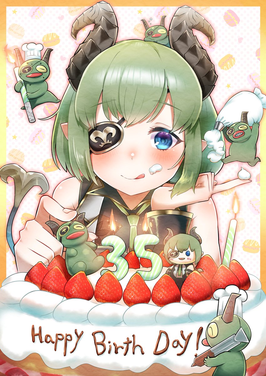 1girl :q black_shirt blue_eyes blush border cake candle character_doll closed_mouth commentary_request creature curled_horns demon demon_tail eyepatch food fruit green_necktie grey_horns happy_birthday highres horns looking_at_viewer medium_bangs nanashi_inc. necktie orange_border pastry_bag pointy_ears same_(samerasiki) sekishiro_mico shirt short_hair sleeveless sleeveless_shirt smile strawberry tail tongue tongue_out upper_body whipped_cream