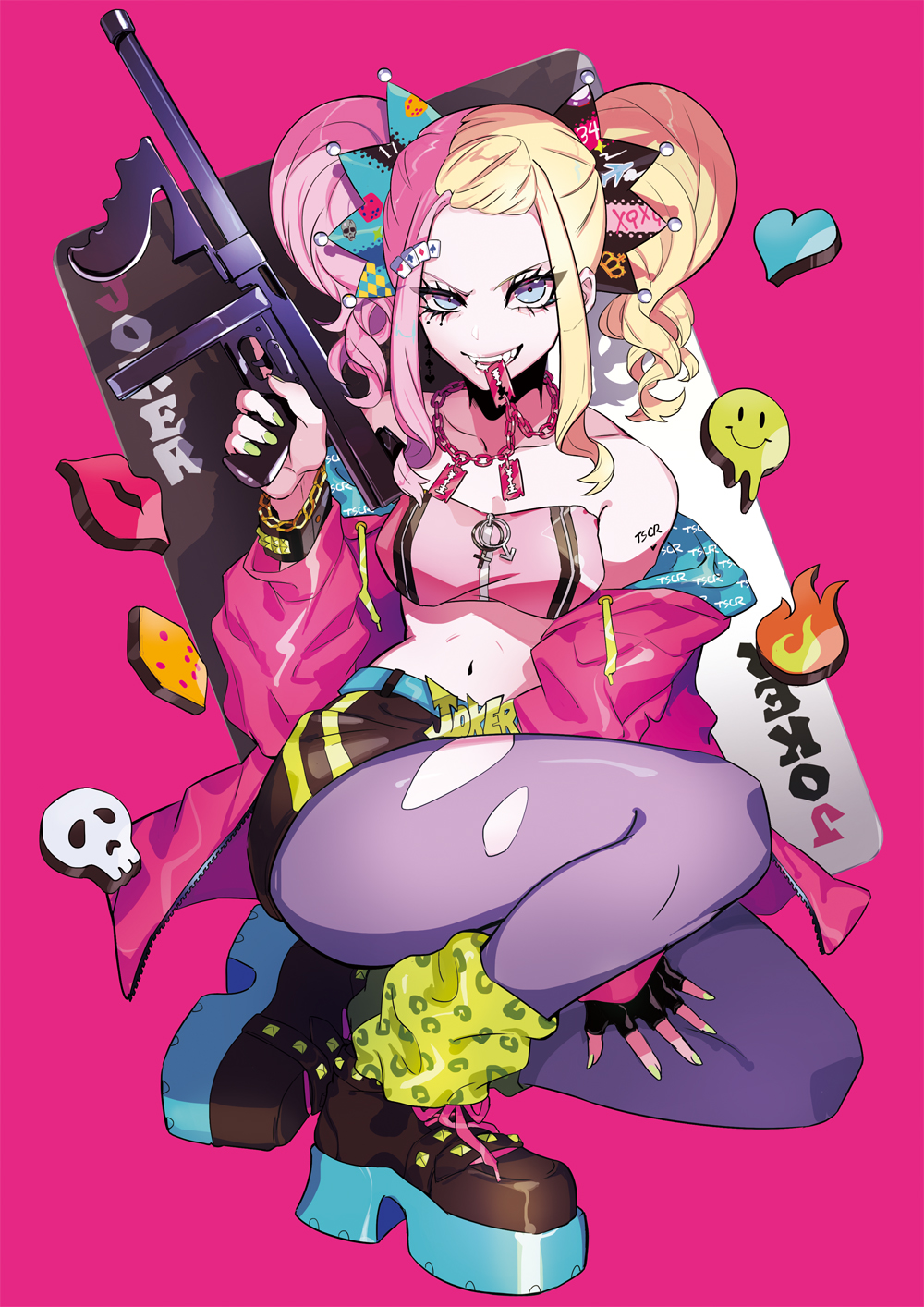 1girl animal_print artist_name bandeau bare_shoulders belt black_shorts blonde_hair blue_eyes bracelet breasts card chain_necklace eyeliner fingerless_gloves full_body gloves green_nails gun heart highres holding holding_gun holding_weapon jacket jewelry joker_(playing_card) leg_warmers leopard_print looking_at_viewer makeup mars_symbol medium_breasts midriff mouth_hold multicolored_hair nail_polish navel necklace off_shoulder open_clothes open_jacket original pantyhose pink_background pink_bandeau pink_hair pink_jacket platform_footwear playing_card puppeteer7777 razor_blade shoes shorts simple_background skull smiley_face solo split-color_hair submachine_gun teeth_hold thighs thompson_submachine_gun torn_clothes torn_pantyhose twintails venus_symbol weapon