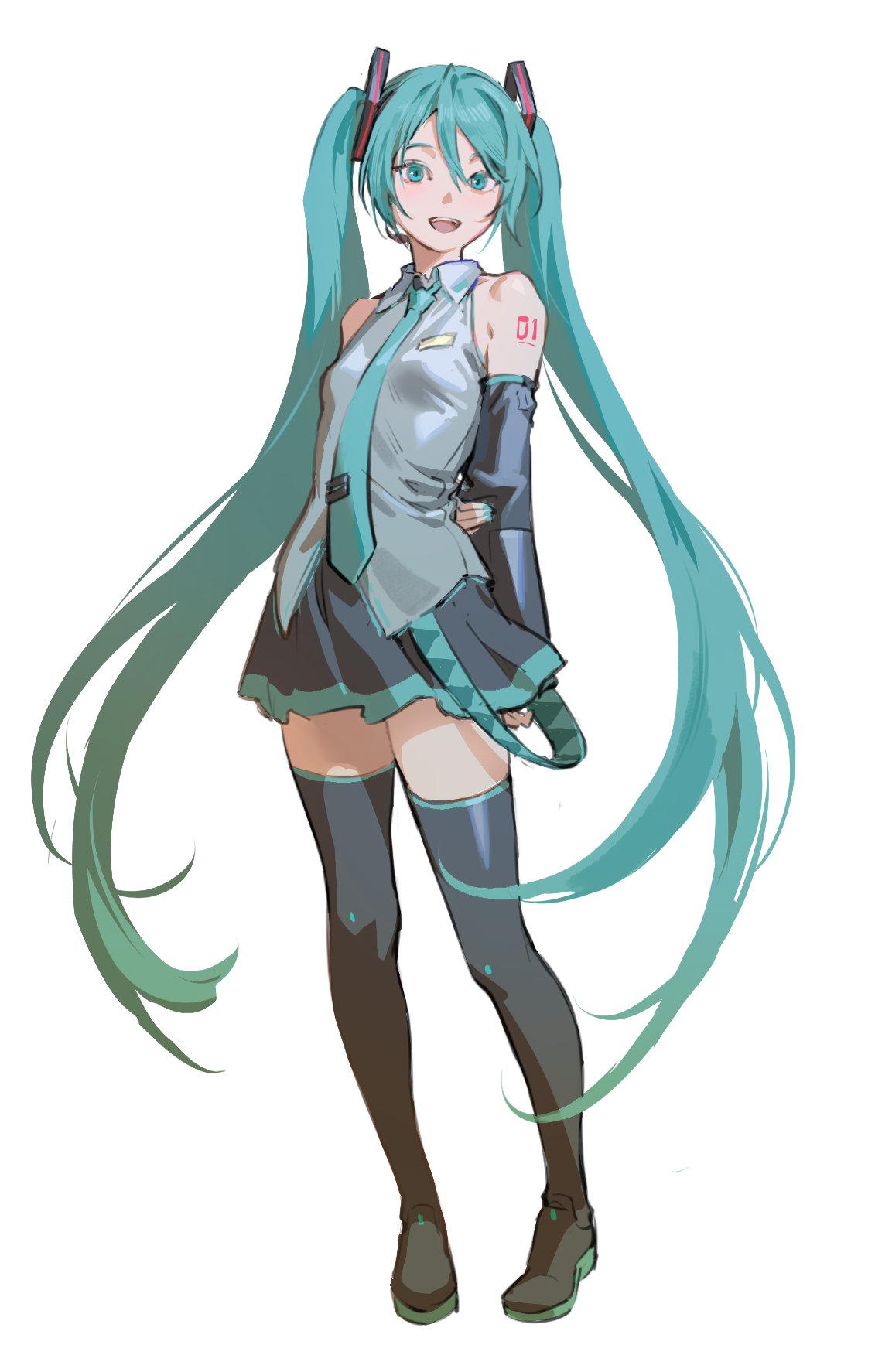 1girl :d aqua_eyes aqua_hair aqua_necktie arms_behind_back bare_shoulders black_footwear black_skirt black_sleeves black_thighhighs blue_necktie boots breasts collared_shirt detached_sleeves full_body grey_shirt hair_between_eyes hair_ornament hand_on_own_arm hatsune_miku highres long_hair looking_at_viewer miniskirt necktie number_tattoo open_mouth pleated_skirt shirt shoulder_tattoo simple_background skirt sleeveless sleeveless_shirt smile solo standing tachi-e tattoo teeth thigh_boots thighhighs tunapon01 twintails upper_teeth_only very_long_hair vocaloid white_background zettai_ryouiki