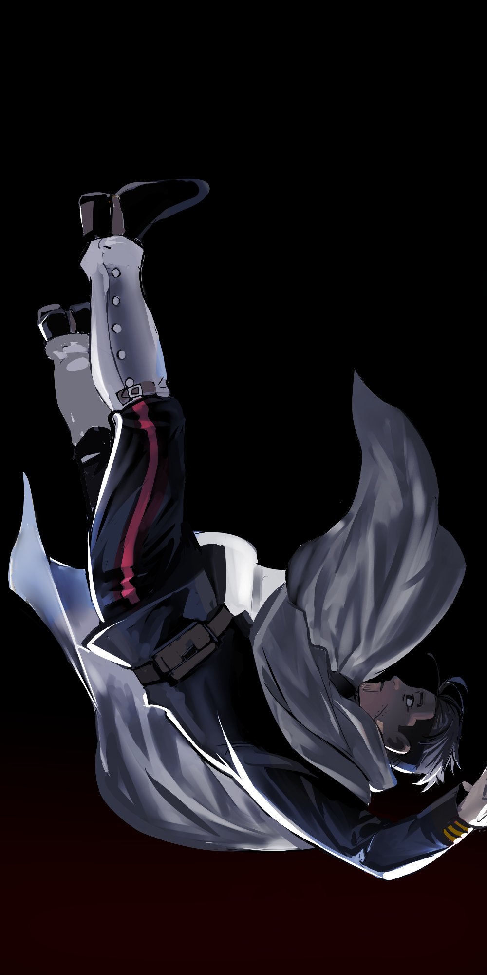 1boy arms_up beard belt_pouch black_background black_hair cape commentary_request facial_hair falling full_body gloves golden_kamuy highres long_sleeves male_focus military_uniform no2_gk ogata_hyakunosuke pouch profile shoes simple_background solo undercut uniform white_cape white_gloves