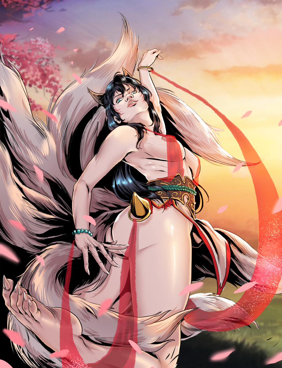 2016 5_toes 9_tails action_pose ahri_(lol) animal_humanoid areola barefoot belly_dancer big_breasts black_eyebrows black_hair blue_eyes bracelet breasts butt canid canid_humanoid canine canine_humanoid cherry_tree clothed clothing cloud eyebrows eyelashes facial_markings feet female female_humanoid fox_humanoid fruit_tree girdle gold_(metal) gold_bracelet gold_jewelry grass hair head_markings hi_res humanoid jewelry league_of_legends light light_beam lips long_hair low-angle_view mammal mammal_humanoid markings multi_tail nails nipples open_mouth outside pink_areola pink_leaves pink_lips pink_nipples plant pose red_clothing red_markings renx riot_games sharp_nails sharp_toenails side_view skimpy sky soles solo sun sunbeam sunlight sunrise tail tan_ears tan_tail teal_bracelet teeth toenails toes translucent translucent_clothing tree