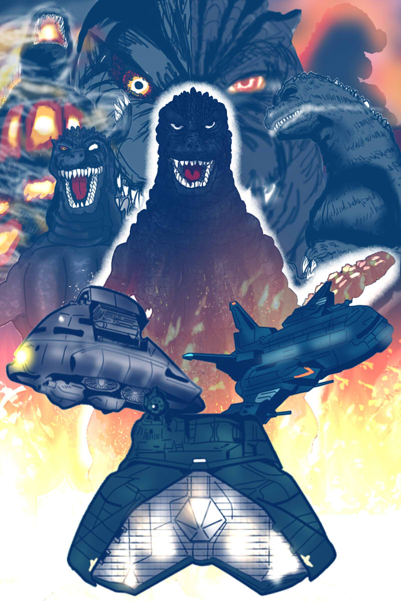 bioluminescence burning_godzilla character_request claws cloud fangs fire floating flying giant giant_monster glowing glowing_eyes glowing_mouth godzilla godzilla_(series) godzilla_vs._biollante godzilla_vs._destoroyah godzilla_vs._mechagodzilla_(1993) highres kaijuu kenpachiro_satsuma long_tail maser_cannon military military_vehicle missile monster multiple_persona munobusi3 no_humans open_mouth realistic roaring scales science_fiction sharp_teeth smoke spikes spines super_x super_x2 super_x3 tail teeth tokusatsu wings yellow_eyes