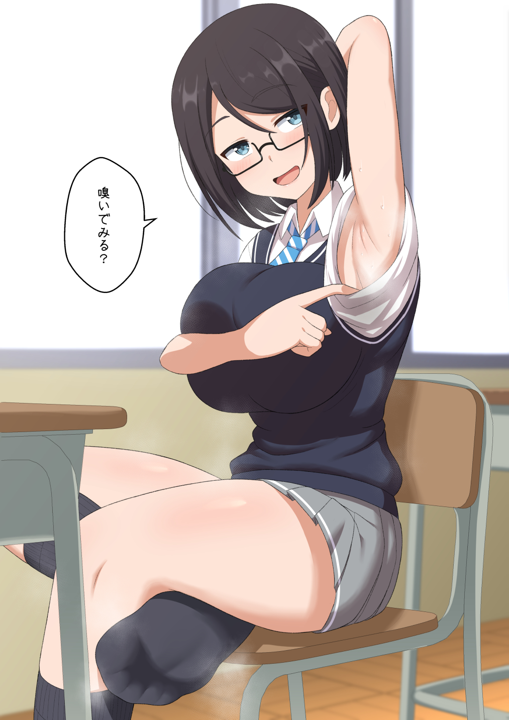 armpits breasts classroom highres huge_breasts jkisaradu no_shoes original school_uniform smell soles sweat thighs