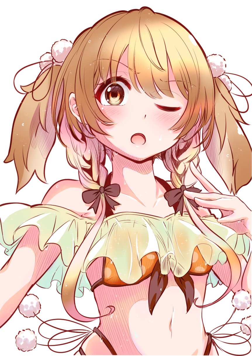 1girl animal_ears bikini black_bow blush bow braid breasts brown_eyes commentary_request floppy_ears frilled_bikini frills futatsumuji hair_bow hair_ornament highres inaba_haneru_(animare) light_brown_hair long_hair looking_at_viewer medium_bangs nanashi_inc. one_eye_closed orange_bikini pom_pom_(clothes) pom_pom_hair_ornament rabbit_ears rabbit_girl simple_background small_breasts solo swimsuit twin_braids upper_body virtual_youtuber white_background