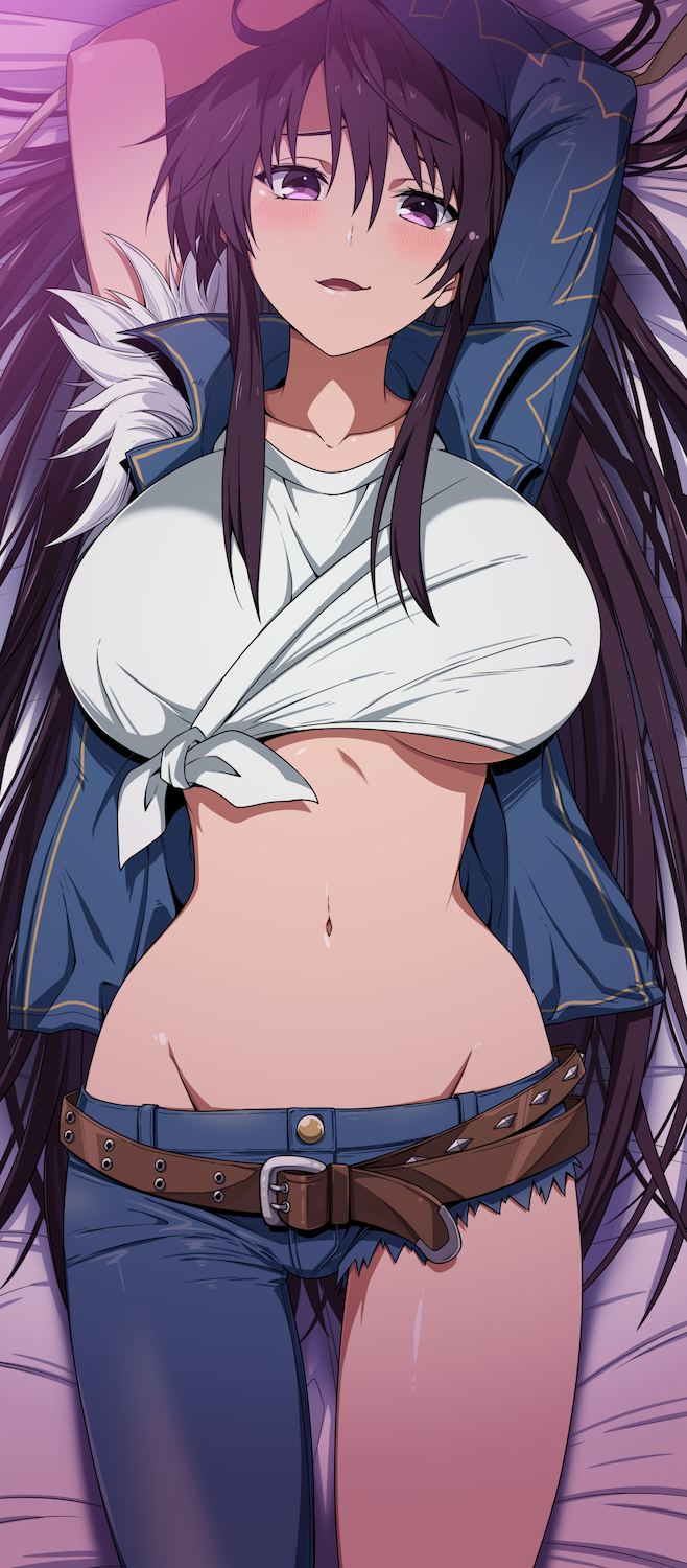 1girl arms_up asymmetrical_clothes bed_sheet belt belt_buckle black_belt black_hair breasts brown_belt buckle collarbone commentary commission cutoff_jeans cutoffs denim denim_jacket from_above hair_between_eyes highres jacket jeans kanzaki_kaori large_breasts long_hair midriff navel oki_kuro open_mouth pants purple_eyes shirt single_pantsleg skeb_commission smile solo tied_shirt toaru_majutsu_no_index underboob very_long_hair white_shirt