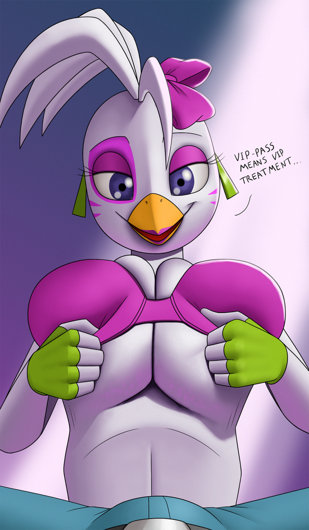 animatronic anthro avian big_breasts bird bra breast_squish breasts bulge chica_(fnaf) clothing creatiffy duo english_text female first_person_view five_nights_at_freddy's five_nights_at_freddy's:_security_breach glamrock_chica_(fnaf) hi_res huge_breasts looking_at_viewer machine male male_pov robot scottgames simple_background smile squish text underwear video_games