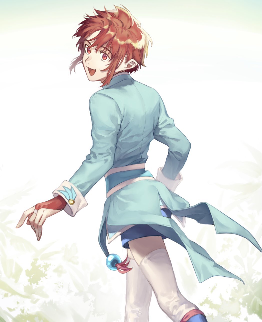 1boy blue_coat blue_shorts bridal_gauntlets brown_eyes brown_hair coat commentary from_side gloves highres long_sleeves looking_back male_focus mao_(tales) open_mouth pon52io red_gloves short_hair shorts solo tailcoat tales_of_(series) tales_of_vesperia thighhighs walking white_thighhighs