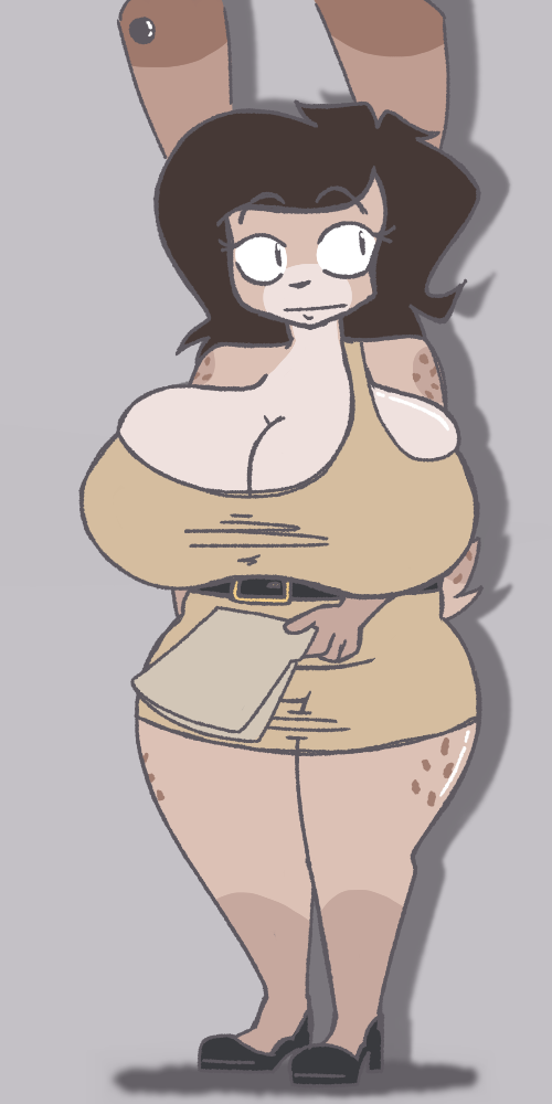 anthro big_breasts breasts brown_hair chubby_female cleavage cleavage_overflow clothed clothing dress ear_piercing female flufflewdzthings hair hare high_heels holding_object lagomorph leporid mammal piercing rabbit simple_background slightly_chubby solo thick_thighs tight_clothing