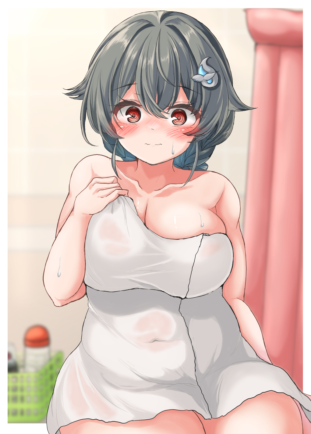 1girl basket black_hair blush braid braided_ponytail breasts commentary_request cowboy_shot curtains hair_flaps hair_ornament highres jingei_(kancolle) kantai_collection kasashi_(kasasi008) large_breasts long_hair looking_at_viewer lotion_bottle low_ponytail naked_towel nose_blush red_eyes single_braid solo thick_thighs thighs towel whale_hair_ornament white_towel