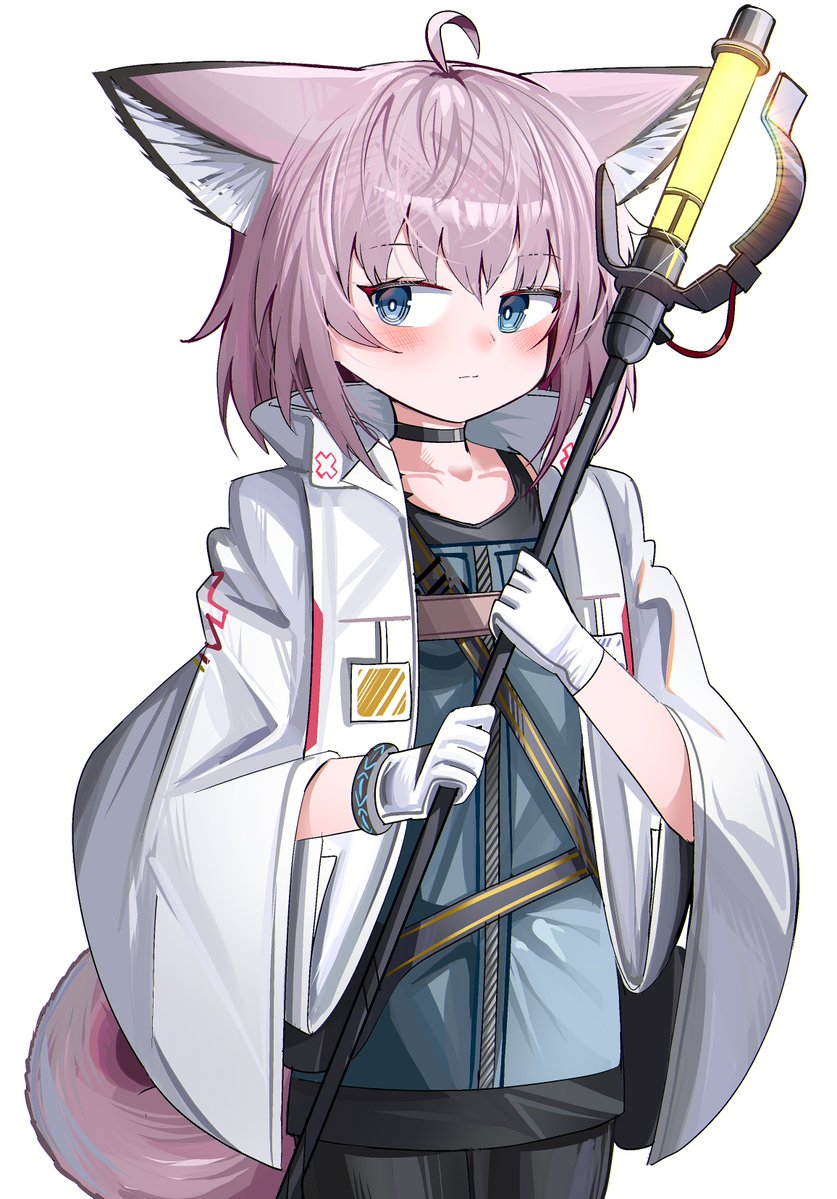 1girl animal_ears arknights black_choker black_pantyhose blue_dress blue_eyes blush choker closed_mouth collarbone commentary_request dress fox_ears fox_girl fox_tail gloves hair_between_eyes hands_up holding jacket pantyhose purple_hair simple_background solo spam_(spamham4506) standing sussurro_(arknights) tail white_background white_gloves white_jacket
