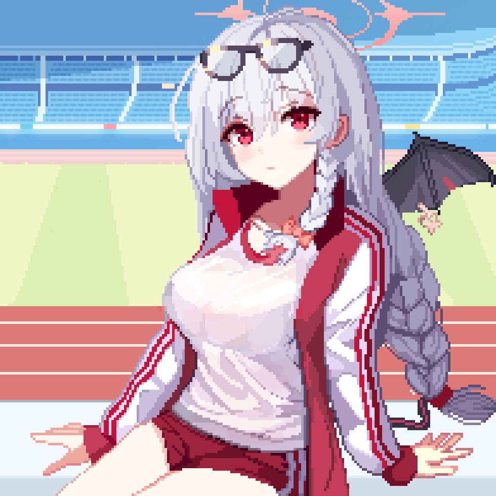 1girl bat_wings black_wings blue_archive bow braid breasts buruma commentary demon_wings english_commentary eyewear_on_head glasses gym_shirt gym_uniform hair_bow halo haruna_(blue_archive) haruna_(track)_(blue_archive) jacket large_breasts long_hair looking_at_viewer open_clothes open_jacket pink_bow pink_halo pixel_art red_buruma red_eyes red_jacket shirt side_braid single_wing sitting solo stadium tinia_etru track_jacket very_long_hair white_hair white_shirt wing_ornament wing_piercing wings