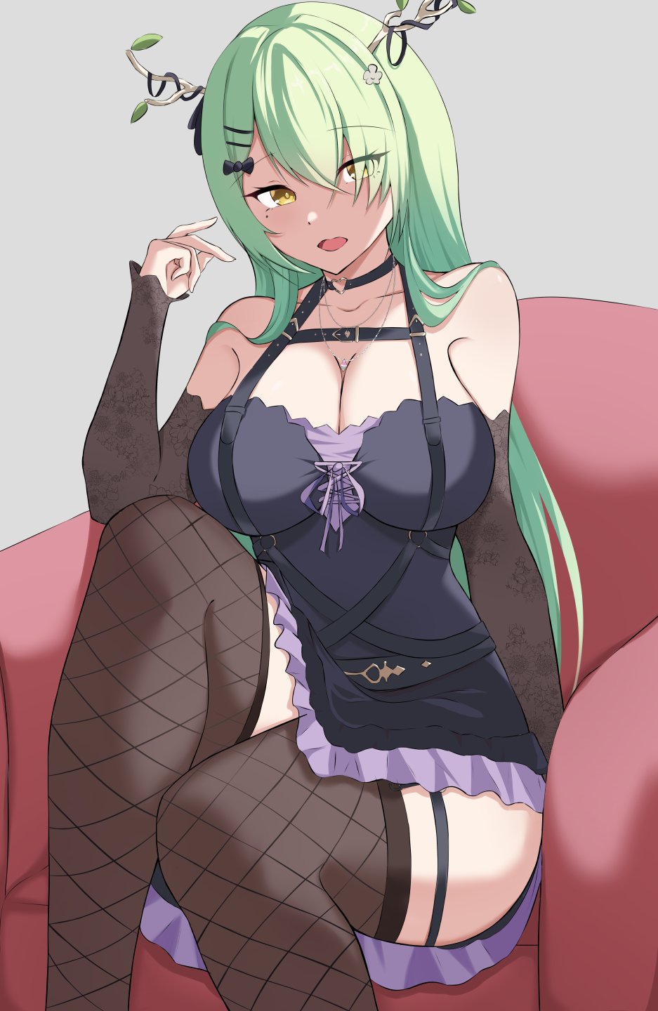1girl antlers black_choker black_dress breasts ceres_fauna ceres_fauna_(4th_costume) choker cleavage detached_sleeves dress fishnet_thighhighs fishnets goth_fashion green_hair hair_between_eyes heart heart_choker highres hololive hololive_english horns large_breasts leaf long_hair looking_at_viewer mole mole_under_eye official_alternate_costume open_mouth self-upload sleeveless sleeveless_dress straight_hair thighhighs thighs virtual_youtuber yellow_eyes zeropen