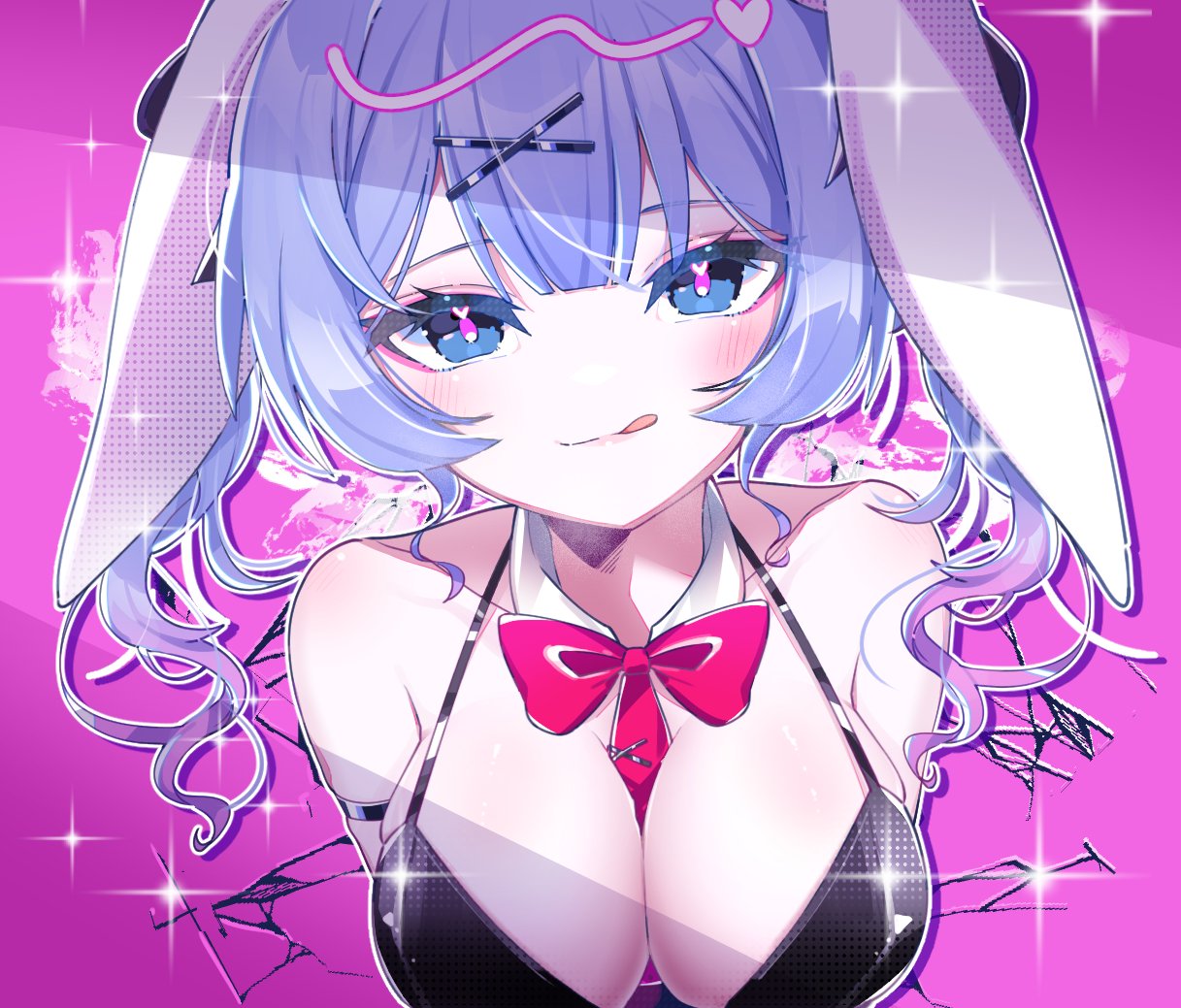 1girl :q animal_ears bare_shoulders between_breasts black_leotard blue_eyes blue_hair blush bow bowtie breasts cleavage closed_mouth collarbone fake_animal_ears floppy_ears hair_ornament hatsune_miku hole_in_wall large_breasts leotard long_hair looking_at_viewer necktie necktie_between_breasts pink_background pink_pupils playboy_bunny portrait rabbit_ears rabbit_hole_(vocaloid) red_bow red_bowtie sia0555 sidelocks simple_background smile solo sparkle through_wall tongue tongue_out twintails vocaloid x_hair_ornament
