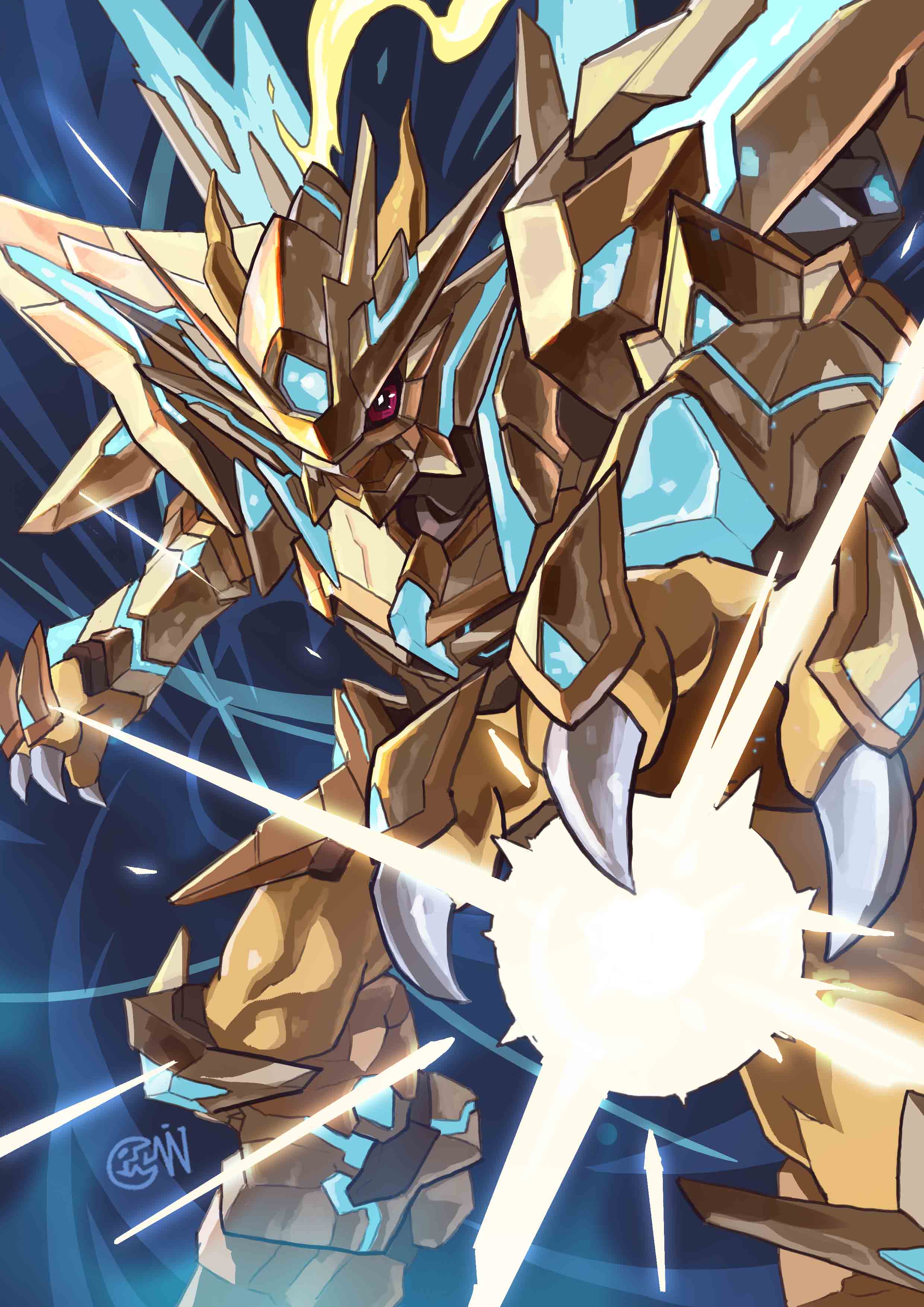 absurdres alternate_form armor artist_logo aura blue_background covering_face cwdw digimon digimon_(creature) energy energy_wings fewer_digits forehead_jewel full_armor gold_armor gold_skin highres magnamon_x-antibody mechanical_wings powering_up wings