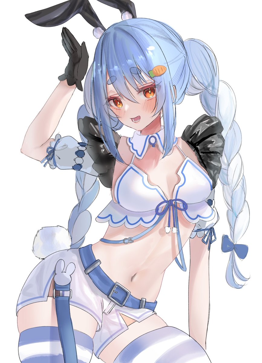 1girl :d animal_ears belt bikini bikini_top_only black_gloves blue_belt blue_hair blue_thighhighs blush braid buckle commentary contrapposto cowboy_shot detached_collar detached_sleeves fake_animal_ears fake_tail gloves hair_between_eyes hand_up highres hololive legs_apart looking_at_viewer lower_teeth_only multicolored_hair navel nikoge_(25ge_dayo) open_mouth orange_eyes rabbit_ears rabbit_pose rabbit_tail raised_eyebrows short_shorts short_sleeves shorts side_slit simple_background skindentation smile solo stomach striped_clothes striped_thighhighs swimsuit tail teeth thighhighs thighs twin_braids two-tone_hair usada_pekora virtual_youtuber white_background white_bikini white_hair white_shorts white_thighhighs zettai_ryouiki