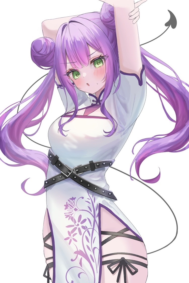 1girl :o arms_up belt black_belt black_ribbon blush breasts china_dress chinese_clothes commentary crossed_belts demon_girl demon_tail double_bun dress floating_hair floral_print green_eyes hair_bun hand_on_own_arm hololive large_breasts leg_ribbon long_hair looking_at_viewer multicolored_hair nikoge_(25ge_dayo) open_mouth pelvic_curtain pink_hair print_dress purple_hair ribbon side_slit simple_background solo stretching studded_belt tail thigh_ribbon thigh_strap tokoyami_towa twintails two-tone_hair v-shaped_eyebrows virtual_youtuber white_background white_dress