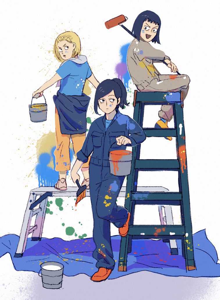3girls alternate_costume black_hair blonde_hair bucket closed_mouth commentary_request holding holding_paint_roller holding_paintbrush jumpsuit kurata_tome ladder long_hair long_sleeves mezato_ichi mob_psycho_100 multiple_girls open_mouth paint paint_roller paint_splatter paint_splatter_on_face paintbrush ponytail shoes short_hair simple_background sitting smile standing takane_tsubomi tarpaulin white_background zakiashes