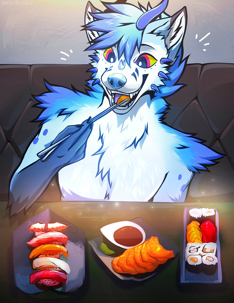 2022 angiewolf anthro canid canine chair chopsticks claws eating food fox fur furniture hair happy horn inside male mammal open_mouth open_smile sauce sitting smile solo sushi table teeth tongue tuft wasabi