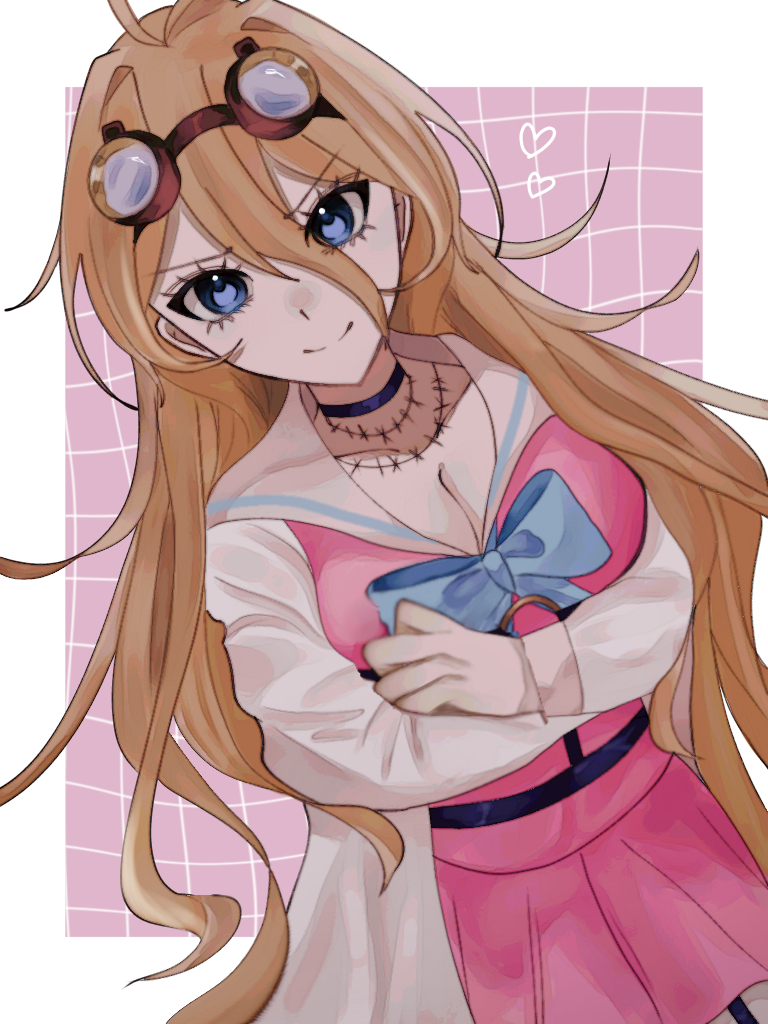 1girl barbed_wire black_choker blue_eyes breasts choker cleavage collarbone cowboy_shot danganronpa_(series) danganronpa_v3:_killing_harmony goggles goggles_on_head hair_between_eyes heart iruma_miu lab_coat large_breasts mi_tera miniskirt pink_background pink_shirt pink_skirt shirt skirt smile solo te_ra_no white_background