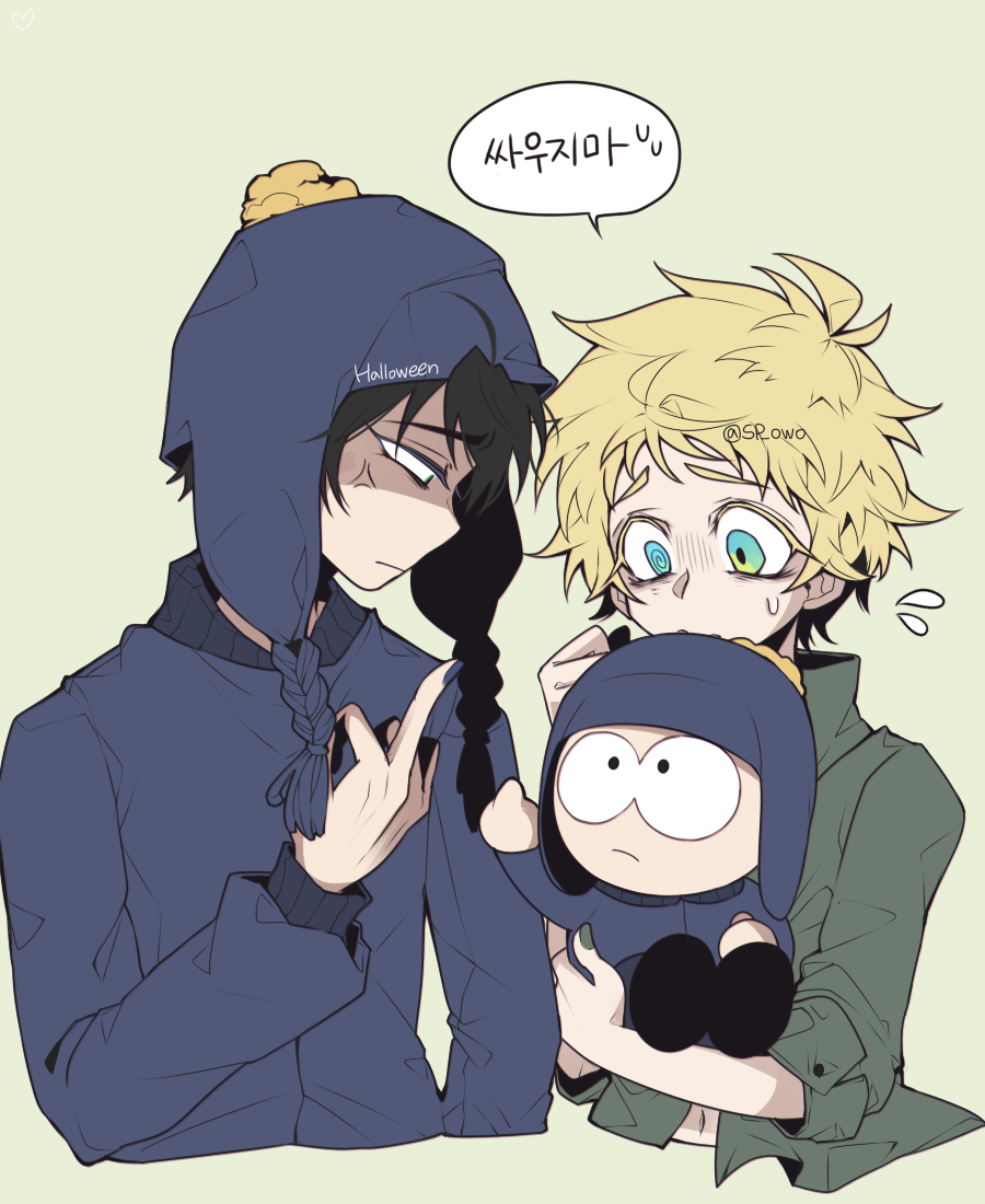 2boys @_@ anger_vein black_hair blonde_hair blue_eyes character_doll chullo craig_tucker flying_sweatdrops halloween_(owo) hat korean_text long_sleeves looking_down middle_finger multiple_boys nail_polish navel short_hair south_park translation_request tweek_tweak