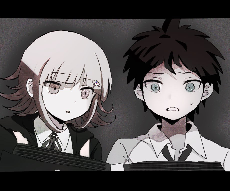 1boy 1girl :o ahoge black_jacket black_shirt book brown_hair collared_shirt d: danganronpa_(series) danganronpa_2:_goodbye_despair galaga hair_ornament hinata_hajime ikemen'na_ore-shi jacket medium_hair nanami_chiaki neck_ribbon open_book open_clothes open_jacket ribbon shirt short_hair sweatdrop teeth