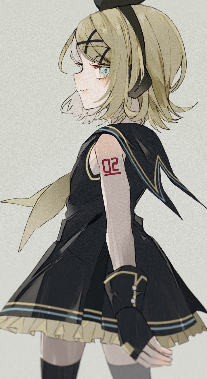 1girl arm_tattoo black_dress black_gloves black_sailor_collar black_thighhighs blonde_hair blue_eyes closed_mouth cowboy_shot dress fingerless_gloves from_side gloves grey_background hair_ornament headphones highres kagamine_rin looking_at_viewer looking_to_the_side maca1227 neckerchief number_tattoo profile sailor_collar sailor_dress short_dress short_hair sleeveless sleeveless_dress smile solo standing tattoo thighhighs vocaloid x_hair_ornament yellow_neckerchief zettai_ryouiki