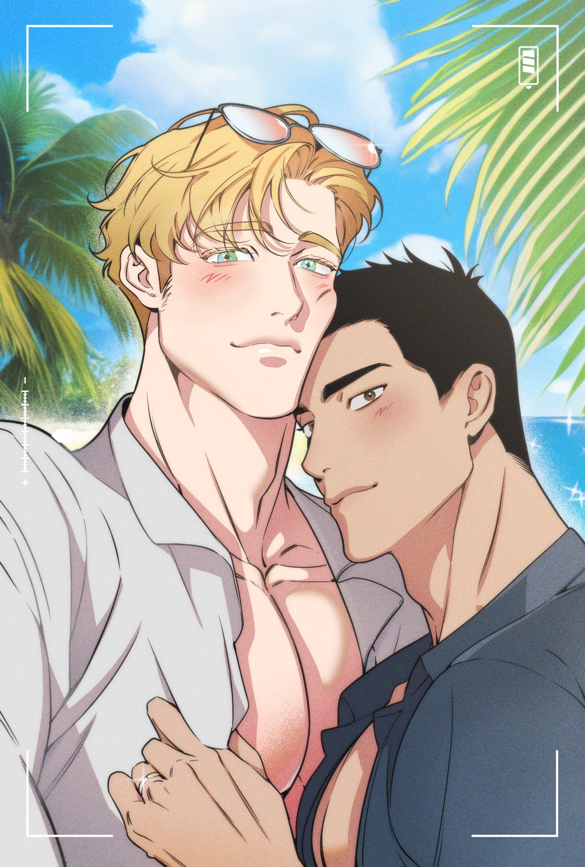 2boys ao_isami bara beach black_hair black_shirt blonde_hair blue_eyes brown_eyes closed_mouth cloud couple day ekstmekajr eyewear_on_head highres large_pectorals lewis_smith looking_at_viewer male_focus multiple_boys muscular muscular_male outdoors pectorals shirt short_hair sky smile sunglasses yaoi yuuki_bakuhatsu_bang_bravern