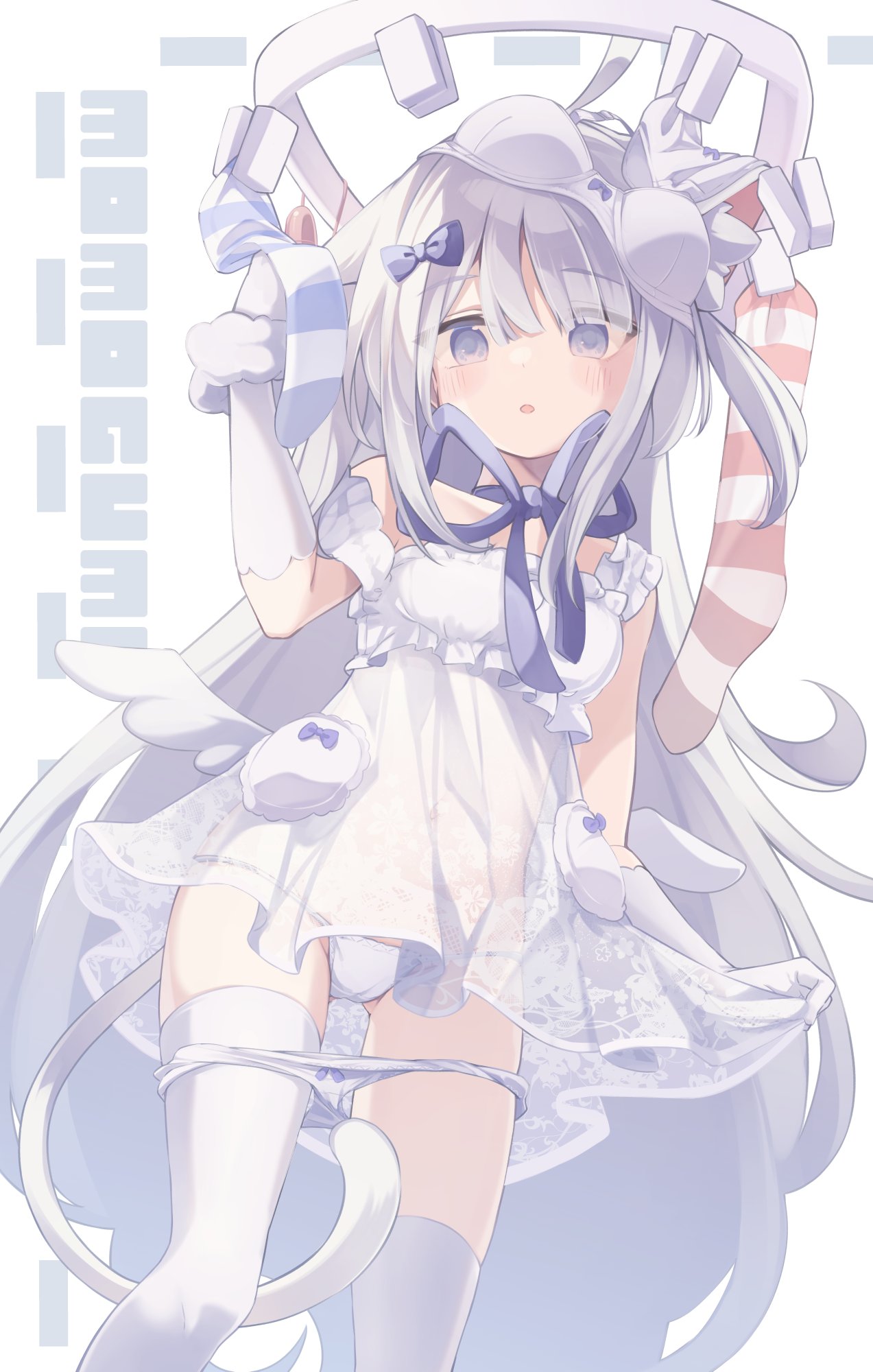 1girl animal_ears arm_up ass_visible_through_thighs bare_shoulders between_legs blue_bow blue_eyes blue_ribbon blush borrowed_character bow bow_bra bow_panties bra bra_on_head commentary_request copyright_request dress elbow_gloves gloves grey_hair hair_between_eyes hair_bow highres long_hair looking_at_viewer natsuki_teru neck_ribbon object_on_head panties panty_pull parted_lips ribbon see-through simple_background socks solo striped_clothes striped_socks tail tail_between_legs thighhighs underwear unworn_bra unworn_panties unworn_socks very_long_hair white_background white_bra white_dress white_gloves white_panties white_thighhighs
