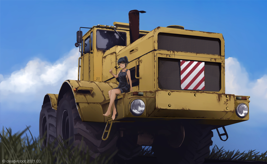 1girl artist_name barefoot black_hair blue_sky bulldozer cloud construction crossed_ankles dated dead-robot full_body grass grey_sky ground_vehicle kirovets_k701 machinery mixed-language_commentary motor_vehicle naked_overalls original outdoors overalls ponytail sitting sky solo vehicle_focus watermark