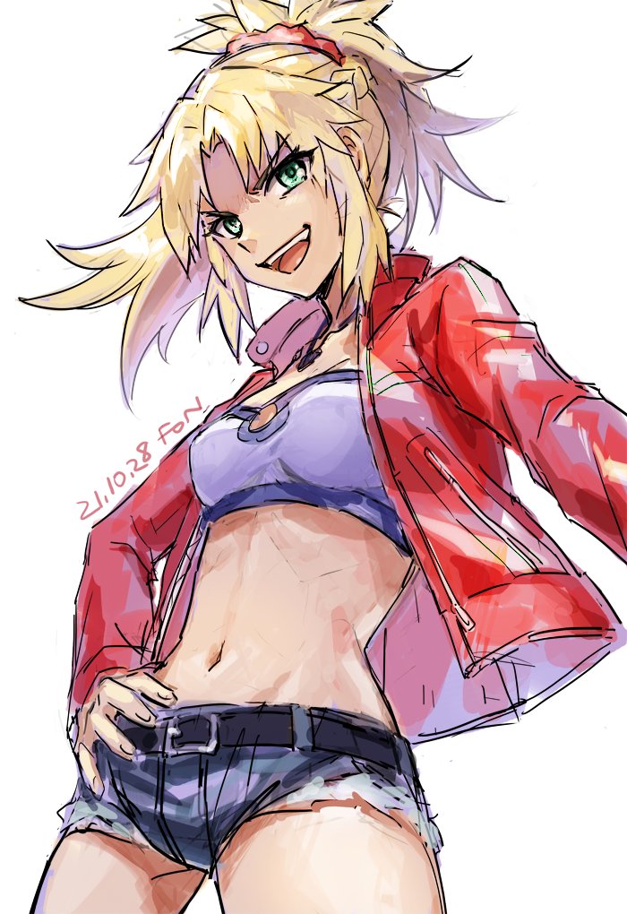 1girl belt black_belt blonde_hair cowboy_shot crop_top dated fate/apocrypha fate_(series) fon-due_(fonfon) green_eyes hand_on_own_hip jacket long_hair long_sleeves looking_at_viewer mordred_(fate) mordred_(memories_at_trifas)_(fate) navel open_mouth ponytail red_jacket shirt short_shorts shorts signature simple_background solo white_background white_shirt