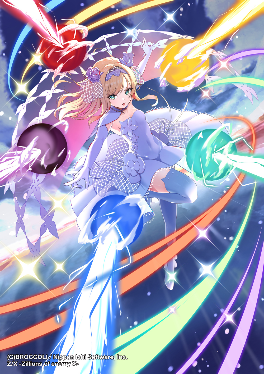 1girl animal_ear_legwear blonde_hair blue_dress blue_gloves blue_thighhighs breasts character_request cloud commentary_request dress elbow_gloves equal_(heartstrings) floating_hair flower flying full_body gloves green_eyes hair_flower hair_ornament highres leg_up long_hair looking_at_viewer magic open_mouth orb outstretched_arms purple_flower sky small_breasts solo sparkle spread_arms strapless strapless_dress thighhighs water z/x