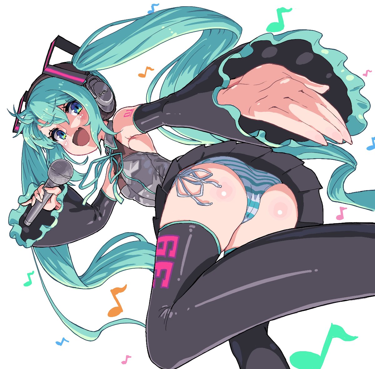 1girl aqua_eyes aqua_hair ass badluck2033 bare_shoulders breasts commentary_request detached_sleeves hatsune_miku headphones holding holding_microphone long_hair looking_at_viewer looking_back microphone miniskirt musical_note open_mouth panties side-tie_panties skirt small_breasts smile striped_clothes striped_panties thighhighs twintails underwear very_long_hair vocaloid