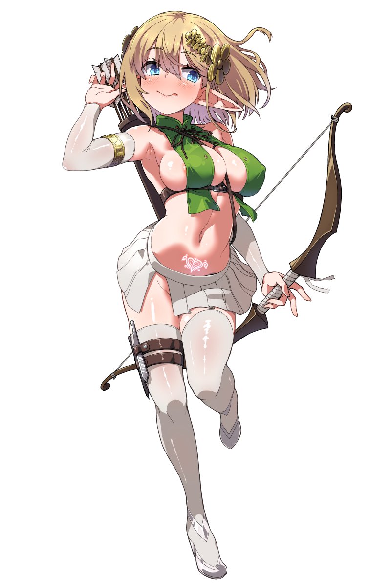 1girl :q areola_slip arrow_(projectile) badluck2033 blonde_hair blue_eyes blush bow_(weapon) breasts commentary_request commission covered_nipples elbow_gloves elf gloves highres large_breasts miniskirt mole mole_under_eye navel no_panties original pointy_ears pubic_tattoo quiver revealing_clothes sideboob simple_background skeb_commission skirt solo tattoo thighhighs tongue tongue_out weapon white_background