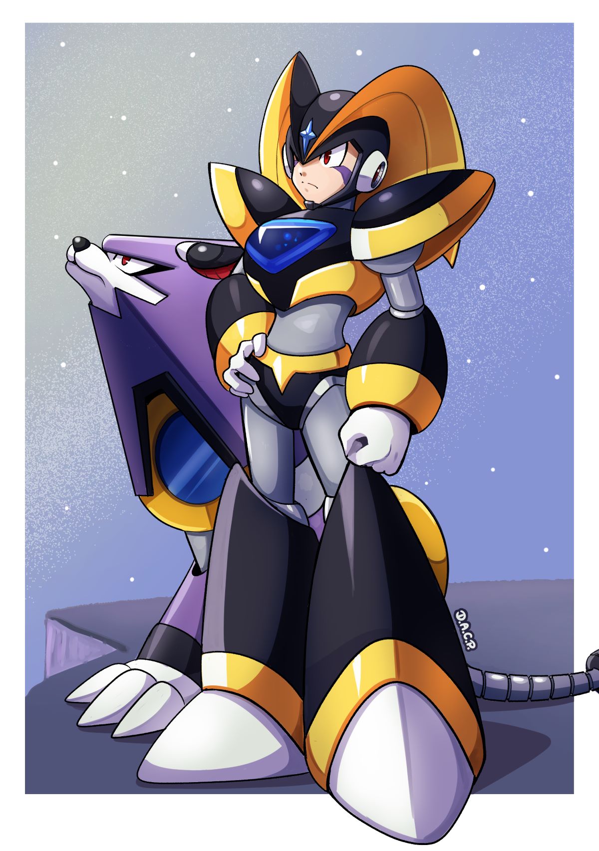 1boy android armor artist_name bass_(mega_man) bass_day black_armor black_footwear black_helmet boots chest_jewel deniacp dog facial_mark fins forehead_jewel full_body hand_on_own_hip head_fins highres male_focus mega_man_(classic) mega_man_(series) non-humanoid_robot red_eyes robot robot_animal robot_dog shoulder_armor treble_(mega_man) upper_body watermark