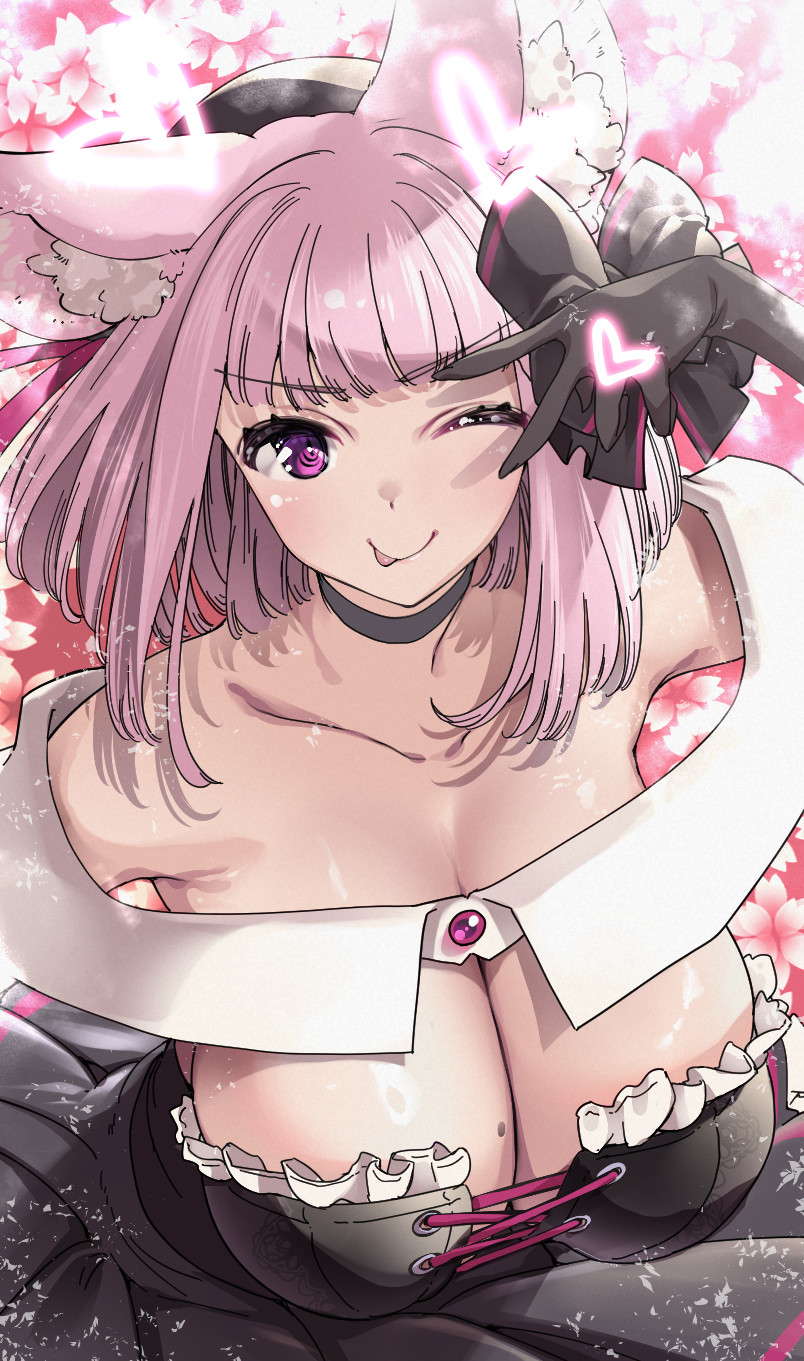 1girl animal_ears black_dress black_gloves breasts cleavage closed_mouth collarbone commentary_request dress gloves heart highres huge_breasts indie_virtual_youtuber looking_at_viewer medium_hair mole mole_on_breast one_eye_closed pink_eyes pink_hair smile solo tenshouin_himeno thomasz tongue tongue_out v v_over_eye virtual_youtuber