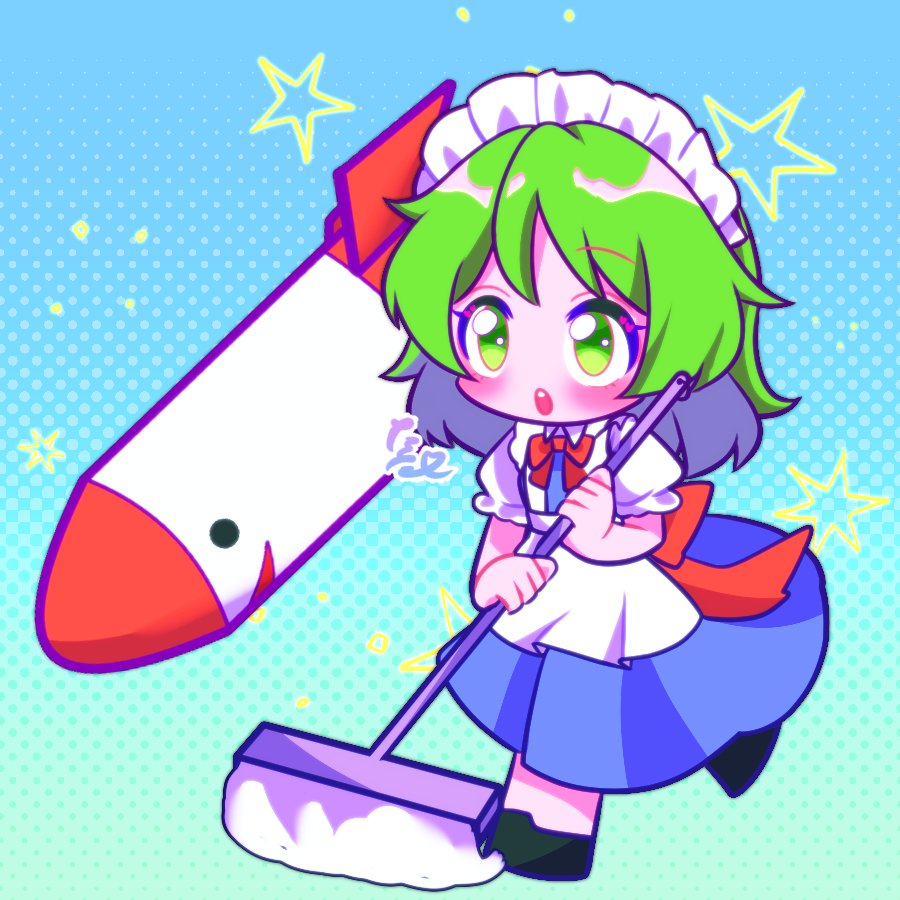 1girl 1other apron black_footwear blue_dress broom chibi collared_shirt commentary_request dress green_eyes green_hair holding holding_broom maid maid_apron maid_headdress medium_hair mimi-chan missile puffy_short_sleeves puffy_sleeves rocket ruukoto shirt short_sleeves solo tasotasoyan00 touhou touhou_(pc-98) undershirt white_apron white_shirt