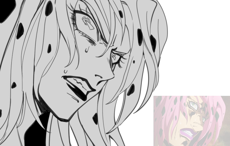 1boy clenched_teeth constricted_pupils derivative_work diavolo grey_background jojo_no_kimyou_na_bouken lipstick long_hair makeup male_focus portrait screenshot_redraw sempon_(doppio_note) solo spotted_hair sweat teeth vento_aureo