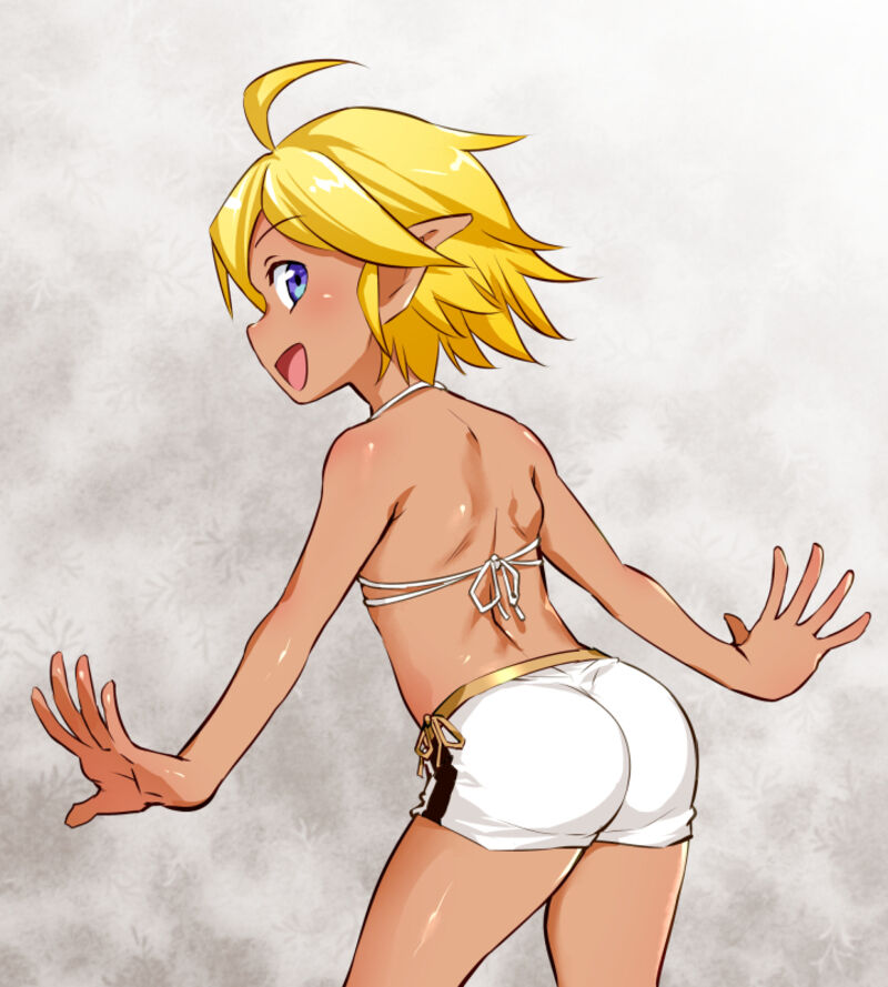 1girl ahoge ass aura_bella_fiora blonde_hair blue_eyes blush elf funnyari looking_at_viewer looking_back open_mouth overlord_(maruyama) pointy_ears short_hair shorts shoulder_blades simple_background smile solo white_shorts