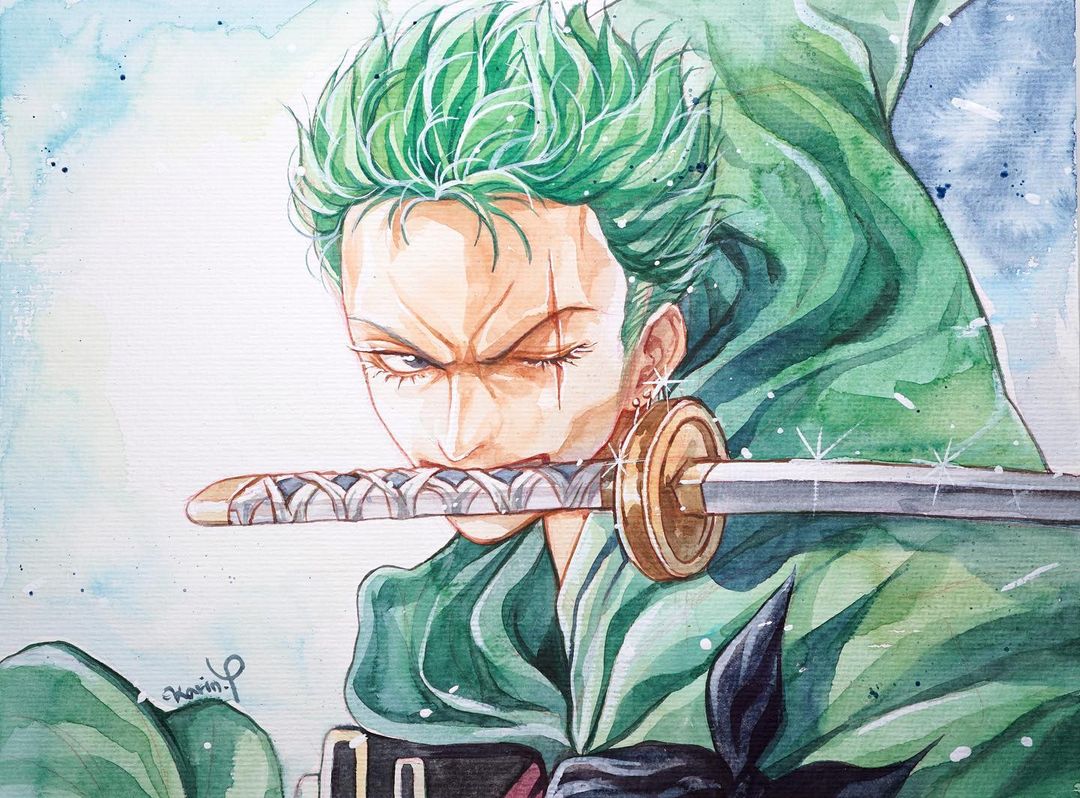 1boy bandana_around_arm commentary_request eyelashes glint green_kimono hair_up japanese_clothes karin_park kimono korean_commentary male_focus one_eye_closed one_piece painting_(medium) roronoa_zoro scar scar_across_eye short_hair signature simple_background solo sword traditional_media watercolor_(medium) weapon weapon_in_mouth