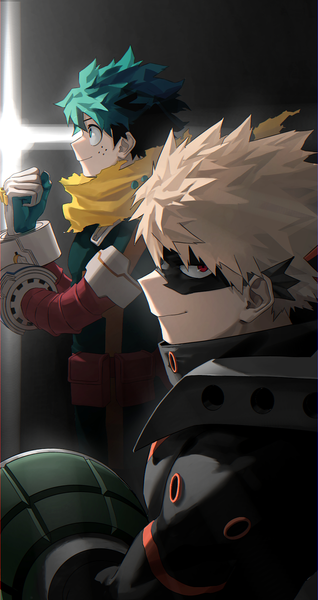 2boys aqua_gloves bakugou_katsuki belt belt_pouch black_background black_mask blonde_hair bodysuit boku_no_hero_academia cape chromatic_aberration clenched_hand closed_mouth commentary_request cut_(nifuhami_35) eye_mask floating_cape floating_hair freckles from_side gloves gradient_background green_bodysuit green_eyes green_hair grey_background hand_up hands_up high_collar highres light looking_at_viewer looking_to_the_side male_focus midoriya_izuku multiple_boys official_alternate_costume partial_commentary pouch profile red_belt red_eyes short_hair sideways_glance single_horizontal_stripe smile spiked_hair spoilers torn_cape torn_clothes upper_body yellow_cape