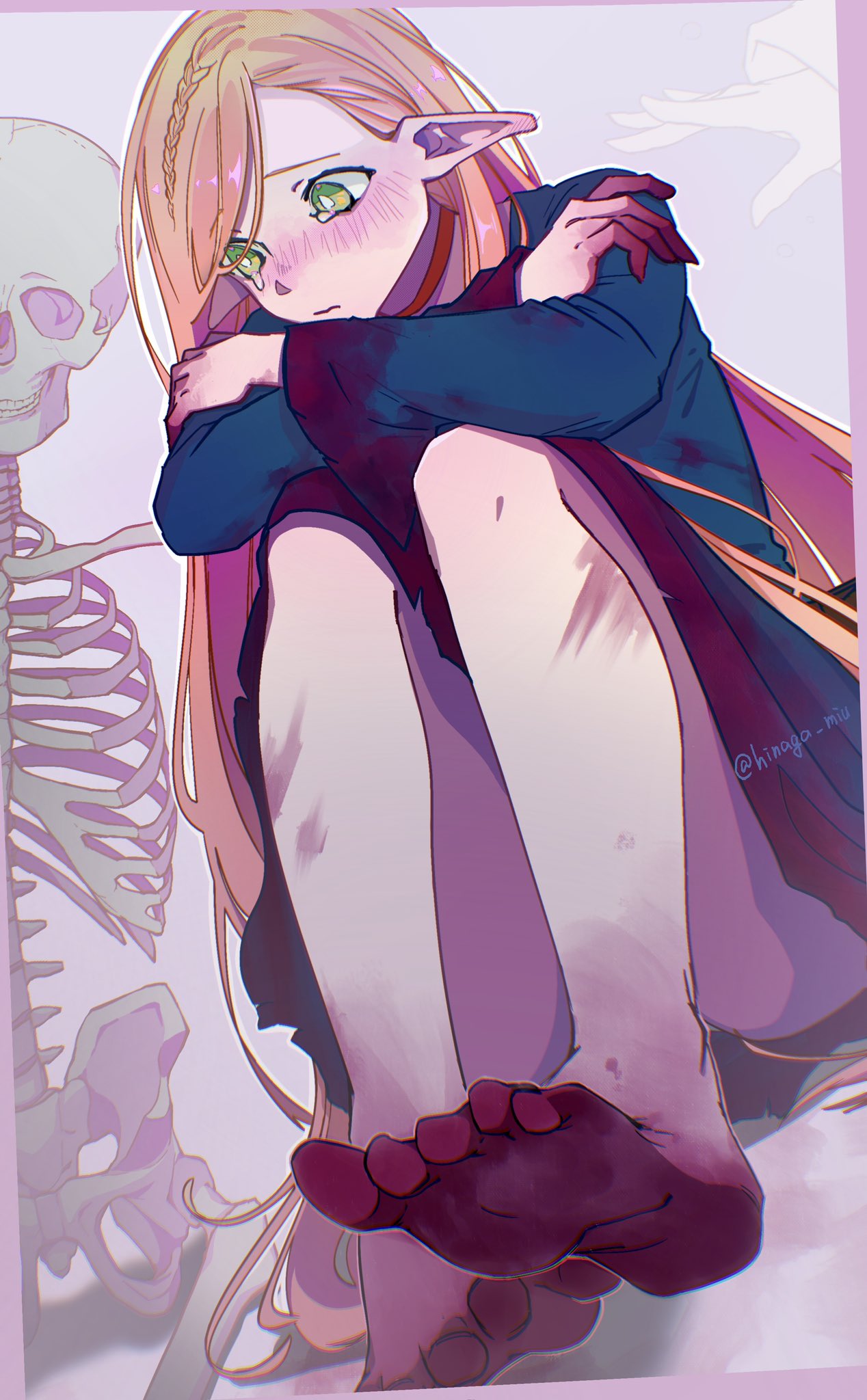 1girl artist_name blonde_hair blood blood_on_feet blue_capelet blush capelet crying death dungeon_meshi elf feet green_eyes highres hinaga_miu long_hair marcille_donato pointy_ears sad skeleton solo tagme torn_clothes