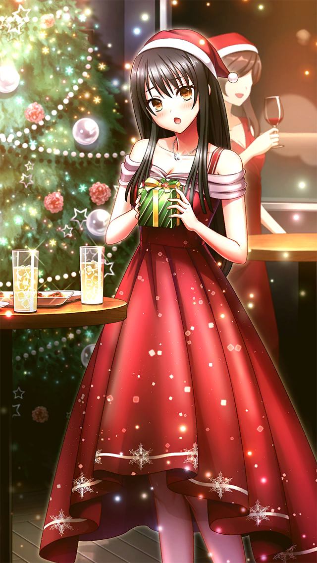 2girls :o bare_arms black_hair box breasts brown_eyes christmas christmas_tree cleavage collarbone doukyuusei doukyuusei_another_world dress fur-trimmed_headwear fur_trim game_cg gift gift_box hat head_tilt holding holding_box indoors jewelry long_dress long_hair looking_at_viewer medium_breasts multiple_girls necklace official_art open_mouth red_dress red_hat santa_hat sleeveless sleeveless_dress solo_focus sparkle straight_hair todo_aoi