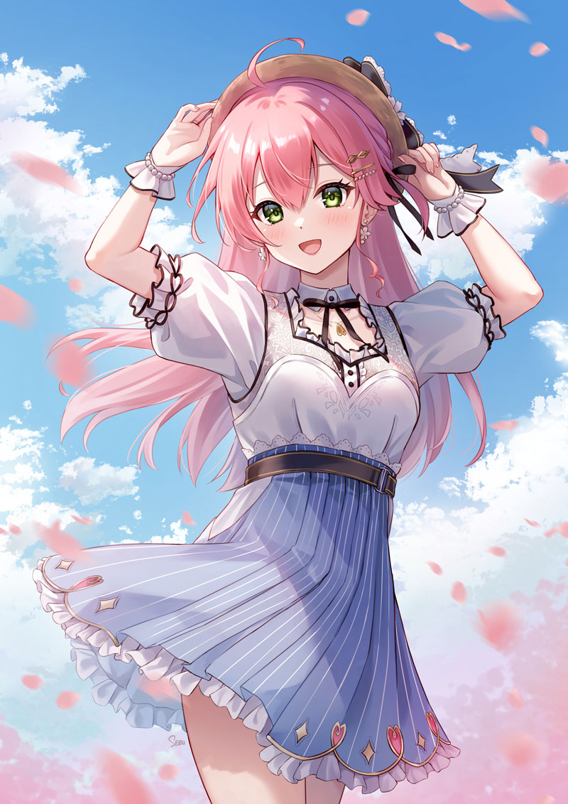 1girl :d ahoge arms_up belt black_belt black_bow black_ribbon blue_skirt blue_sky bow cherry_blossoms cloud collarbone cowboy_shot day detached_collar earrings floating_hair frilled_skirt frills green_eyes hair_between_eyes hair_ornament hair_ribbon hairclip hat hat_bow high-waist_skirt hololive jewelry long_hair looking_at_viewer miniskirt neck_ribbon open_mouth outdoors pink_hair pleated_skirt ribbon sakura_miko sebu_illust shirt short_sleeves skirt sky smile solo spring_(season) standing straw_hat striped_clothes striped_skirt virtual_youtuber white_shirt wing_collar wrist_cuffs