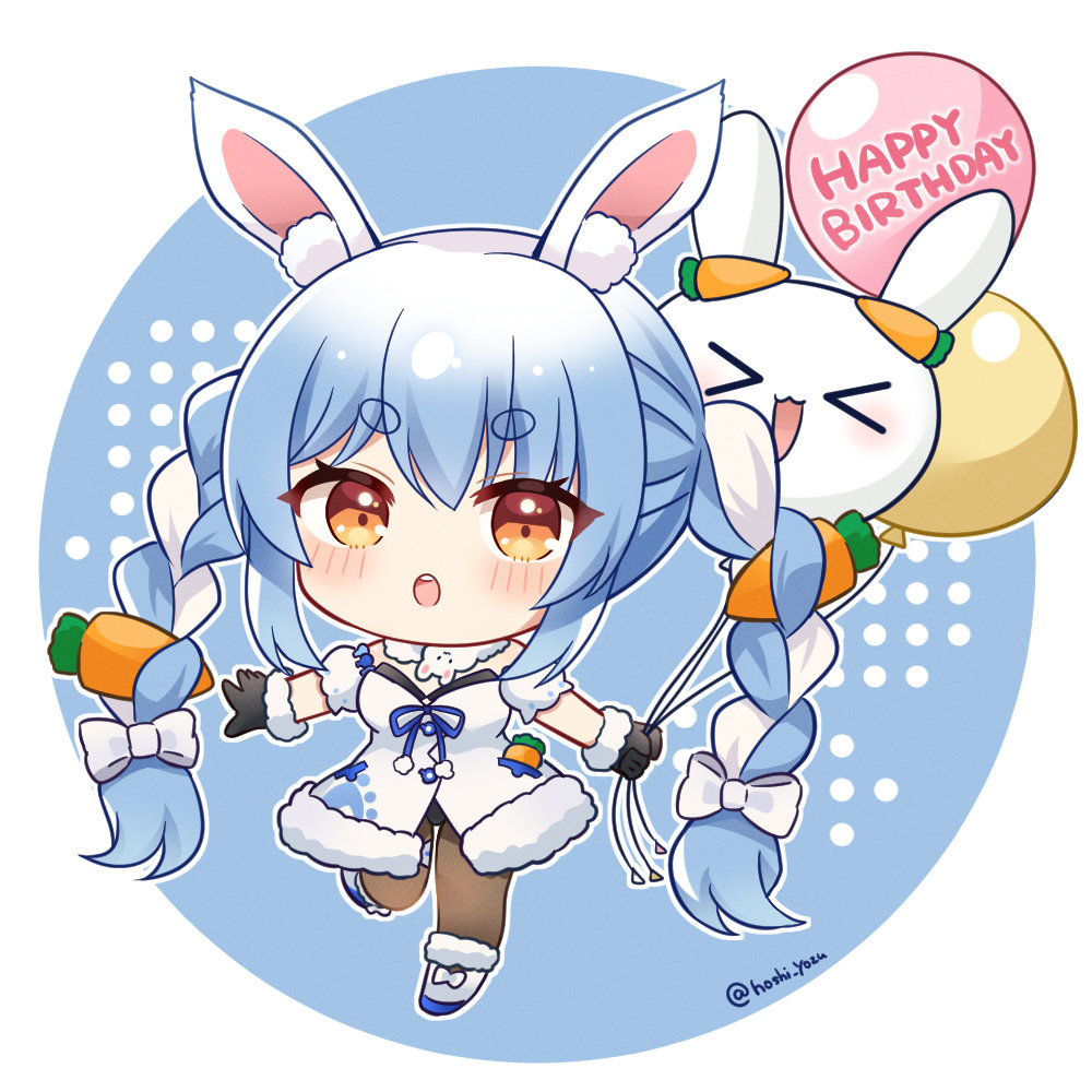 animal_ear_fluff animal_ears balloon black_gloves black_leotard black_pantyhose blue_hair braid carrot_hair_ornament carrot_in_pocket chibi don-chan_(usada_pekora) dress food-themed_hair_ornament fur-trimmed_dress fur-trimmed_footwear fur-trimmed_gloves fur_trim gloves hair_ornament happy_birthday holding holding_balloon hololive leotard leotard_under_clothes looking_at_viewer multicolored_hair omochi_(rimulovemiku) open_mouth orange_eyes pantyhose pekomon_(usada_pekora) rabbit_ears rabbit_girl shoes short_eyebrows short_hair strapless strapless_leotard streaked_hair teeth twin_braids upper_teeth_only usada_pekora usada_pekora_(1st_costume) virtual_youtuber white_dress white_footwear white_hair