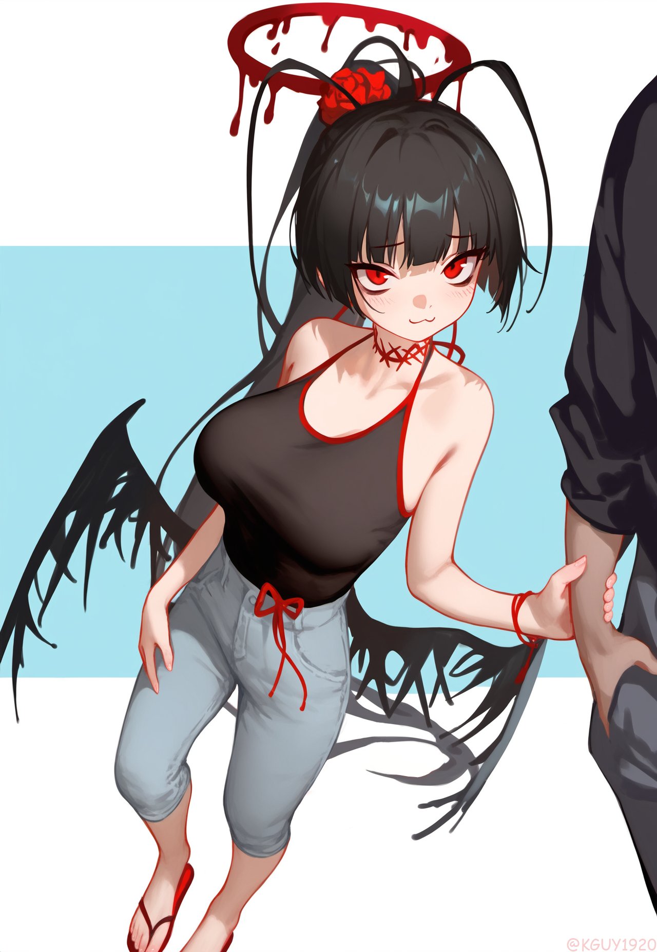 1boy 1girl :3 antenna_hair bags_under_eyes bare_shoulders black_hair black_tank_top black_wings blood_halo blue_archive breasts choker halo highres holding_another's_arm kguy1920 large_breasts light_blue_background looking_at_another low_wings melting_halo multicolored_background narrowed_eyes red_eyes red_halo sandals simple_background solo tank_top tsurugi_(blue_archive) white_background wings