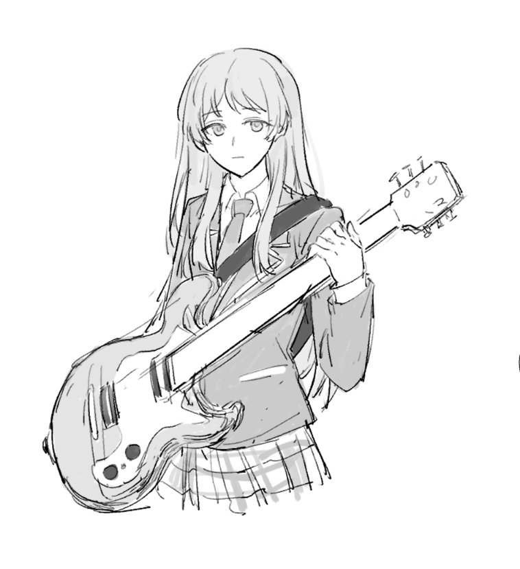 1girl bang_dream! bang_dream!_it's_mygo!!!!! blazer chihaya_anon closed_mouth collared_shirt commentary cropped_legs greyscale guitar haneoka_school_uniform holding holding_guitar holding_instrument instrument jacket long_hair long_sleeves looking_at_viewer monochrome necktie plaid plaid_skirt pleated_skirt school_uniform shirt simple_background skirt solo white_background yuki_watson_n